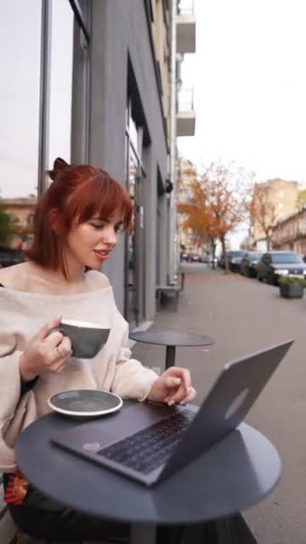 커피를 마시는 거리에 카페에서 노트북으로 일한다 — 비디오