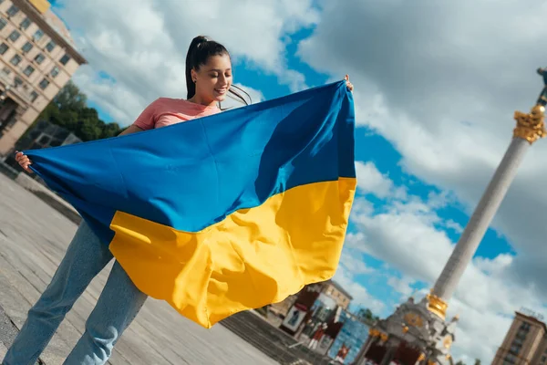 Young Woman Holding National Flag Ukraine City — Fotografie, imagine de stoc