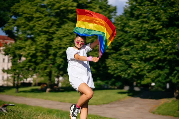 Young Woman Lgbt Pride Flag Walking Park — 스톡 사진