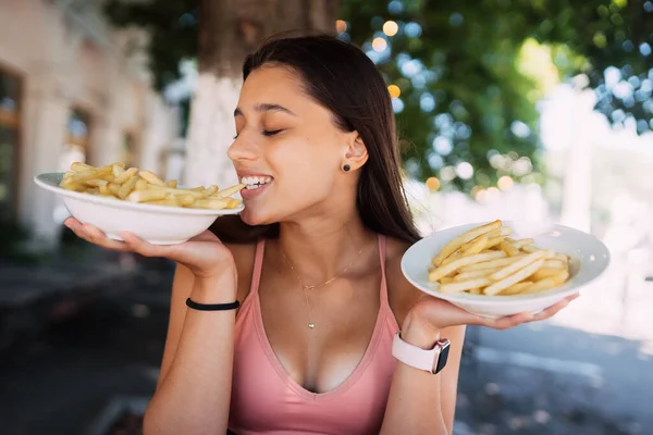Women Hold French Fries White Plates Street Cafe — Foto Stock