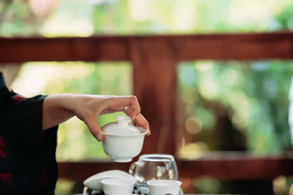 Process Brewing Tea Woman Steeping Herbal Tea Enjoying Slow Afternoon — 图库照片