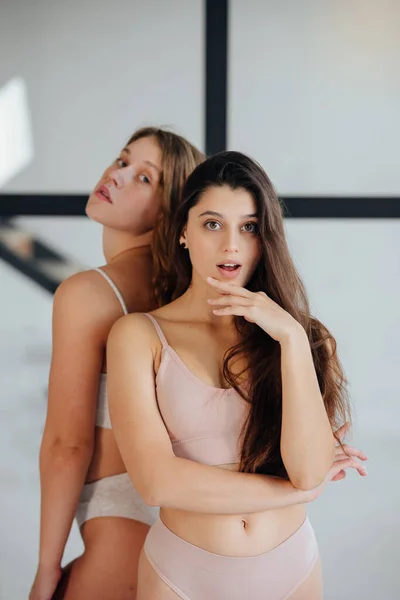 Twee Jonge Vrouwen Die Thuis Lingerie Dragen — Stockfoto