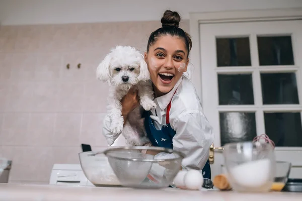 Sorrindo Jovem Mulher Cozinha Segurando Cão Maltês Branco Bonito — Fotografia de Stock