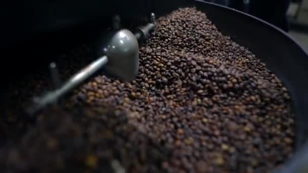 Σωρός Από Κόκκους Καφέ Arabica Που Ψήνονται Και Αναμειγνύονται Στην — Αρχείο Βίντεο