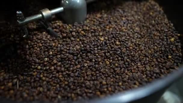 Pile Arabica Coffee Beans Which Roasting Blending Automatic Machine Close — Stock Video