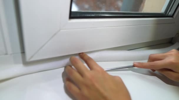 Close Female Hands Sealing Window Foam Tape Indoor — Stock Video