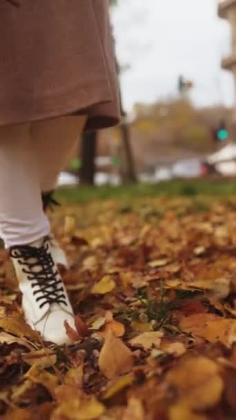 Frau Läuft Herbst Auf Einer Straße Voller Abgestorbener Blätter — Stockvideo
