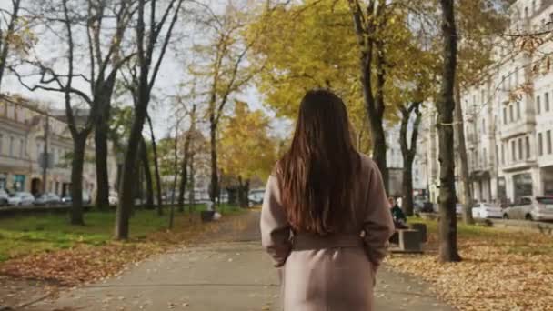 Вид Сзади Молодая Женщина Осеннем Пальто Прогуливается Аллее Городе — стоковое видео