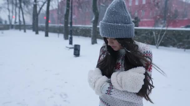 Молодая Женщина Чувствует Холод Парке Покрытый Снегом Копировальным Пространством — стоковое видео