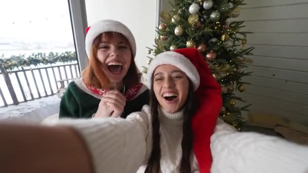Mladé Šťastné Ženy Vánočními Klobouky Zavírají Lepenkovou Krabici Pov Samic — Stock video