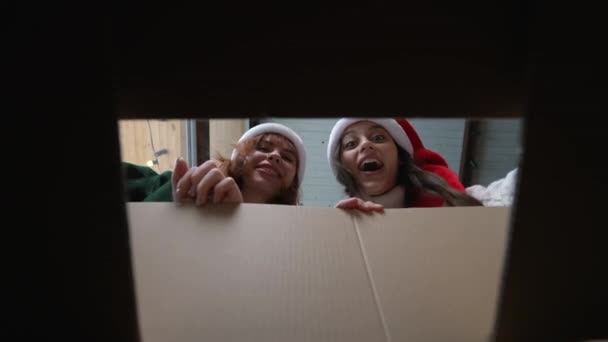 Jovens Mulheres Felizes Com Chapéus Natal Abrindo Caixa Papelão Olhando — Vídeo de Stock