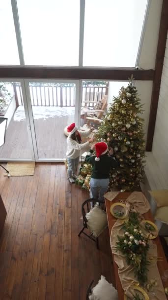 Δύο Νεαρές Γυναίκες Στολίζουν Ένα Χριστουγεννιάτικο Δέντρο Στο Σαλόνι — Αρχείο Βίντεο
