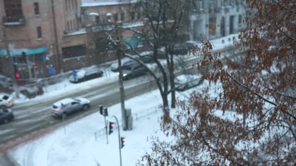 降雪中の雪の街の景色 寒い雪の冬の天気 — ストック動画
