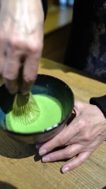 Making Japanese Matcha Latte Tea Whipped Bamboo Whisk Traditional Matcha — Stock Video