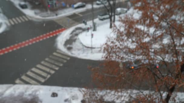 Een Panoramisch Uitzicht Een Straat Tijdens Sneeuwval — Stockvideo