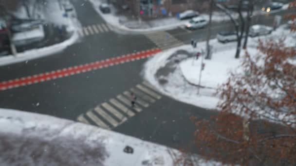 Ein Panoramablick Auf Eine Stadtstraße Bei Schneefall — Stockvideo