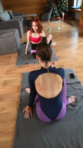 Dos Hermosas Chicas Están Haciendo Ejercicios Yoga Casa Estirando Cuerpos — Vídeo de stock