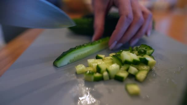 Zielone Ogórki Krojone Nożem Kuchni Koncepcja Zdrowych Warzyw Sałatkowych Zbliżenie — Wideo stockowe