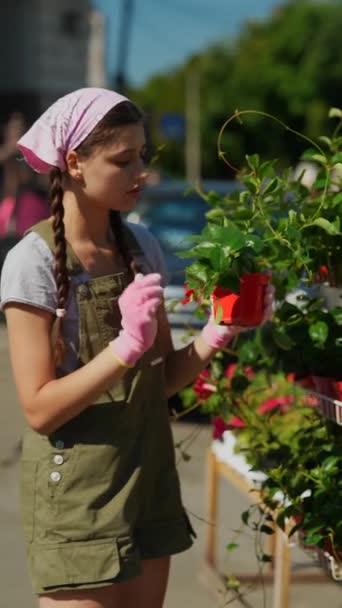 Jonge Vrouwelijke Boer Boerenmarkt Bereid Het Product Verkopen Hoge Kwaliteit — Stockvideo