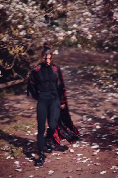 Mooie Dramatische Jonge Vrouw Draagt Zwarte Kimono Met Kersenbloesems Sakura — Stockfoto