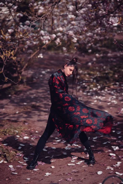 Vakre Dramatiske Unge Kvinner Med Kimono Med Kirsebærblomster Sakurautsikt Bilde – stockfoto