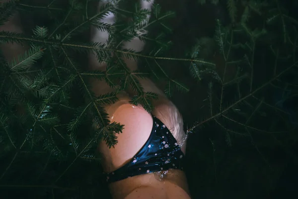 Genç Bir Kadının Kışın Dağlarda Jakuzide Bikini Banyosu Yaparken Görüntüsü — Stok fotoğraf