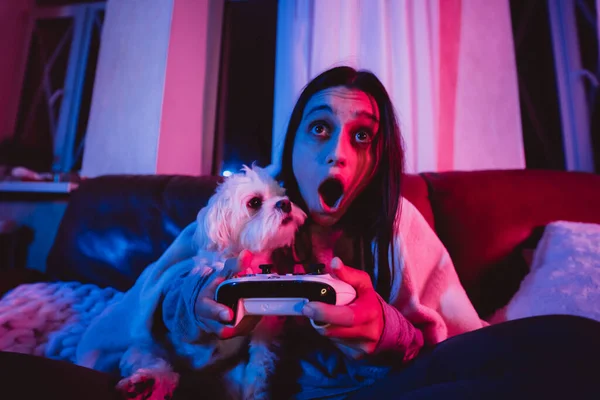 彼女の犬と遊ぶゲームコントローラーと暗い部屋で自宅でゲーマーやストリーマーの女の子の肖像画を閉じ モニターやテレビの前に座っています クレイジーな感情 高品質の写真 — ストック写真