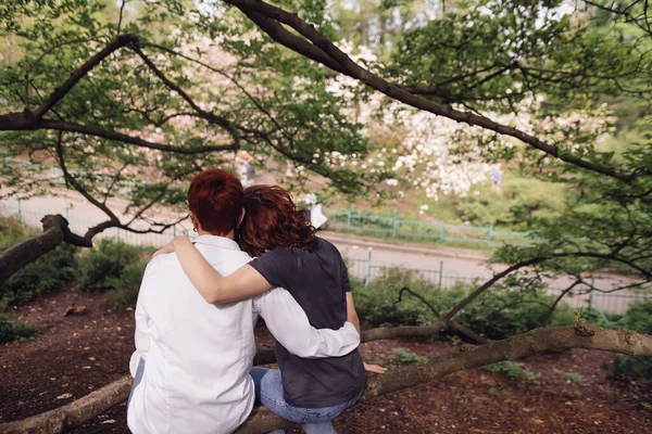 Jovem Casal Apaixonado Sentado Abraçando Para Desfrutar Vista Para Parque — Fotografia de Stock