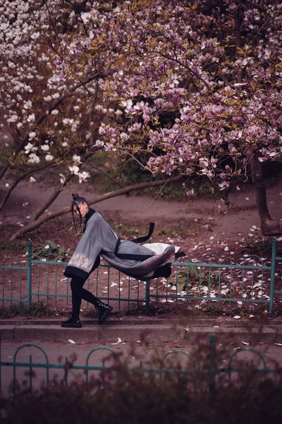Kiraz Çiçekli Kimono Giyen Güzel Dramatik Genç Bir Kadın Sakura — Stok fotoğraf