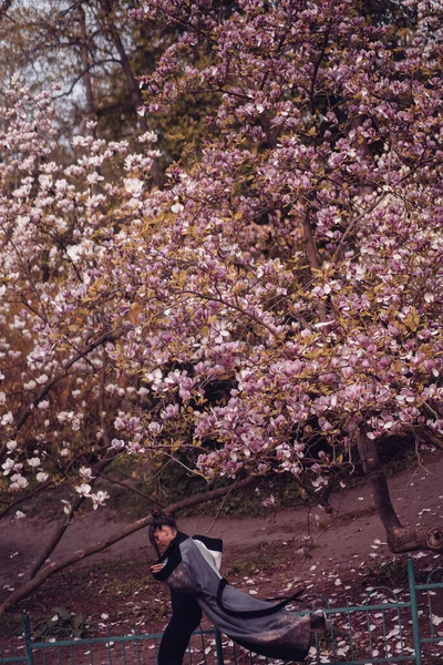 美丽而富有戏剧性的年轻女子穿着和服 开着樱花 看樱花 高质量的照片 — 图库照片