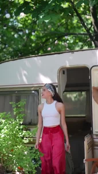 Lovely Hippie Girl Steps Out Trailer Smiling Looking High Quality — Stockvideo