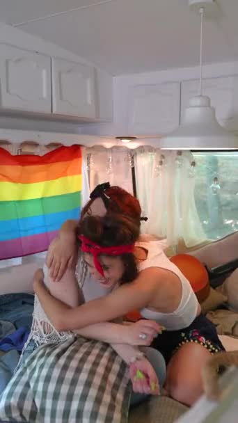 Two Beautiful Hippie Girls Embracing Each Other Bed Trailer Lgbt — Stockvideo