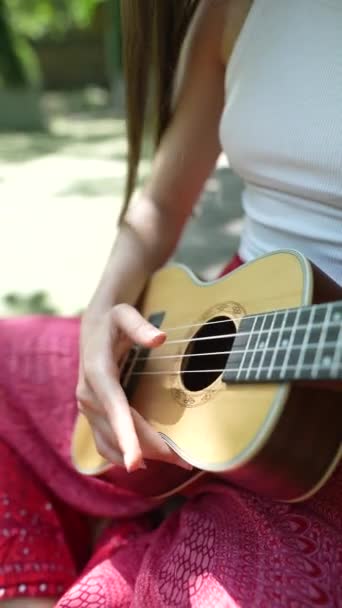 Beautiful Hippie Girl Singing Song Playing Guitar Trailer High Quality — Vídeo de Stock