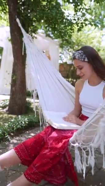 Beautiful Hippie Girl Sitting Hammock Summer Day Reading Book High — Wideo stockowe