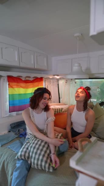Two Hippie Girls Having Fun Trailer Lgbt Flag Background High — Stock videók