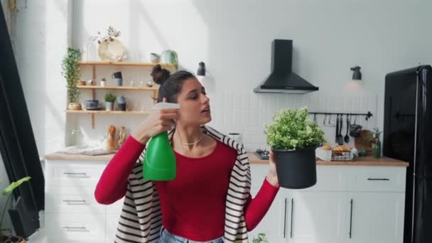 Uma Jovem Linda Menina Está Regando Plantas Seu Apartamento Imagens — Vídeo de Stock