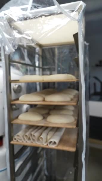 パン屋の棚の上に職人のパンのために準備ができて焼く生地 高品質のフルHd映像 — ストック動画