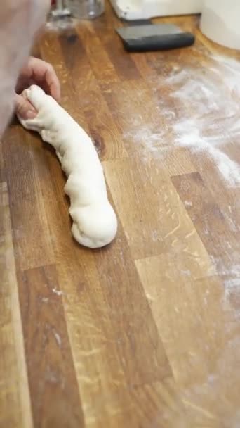 Using Rolling Pin Baker Prepares Dough Buns Bread High Quality — Stock Video