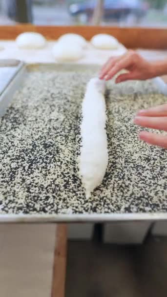 Dough Baguette Being Rolled Seeds Bran Baker High Quality Fullhd — Stock Video