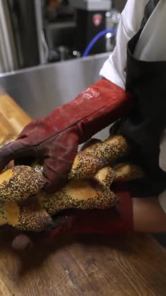 Craft Bakery Baker Arranging Fresh Bread High Quality Footage — Stock Video