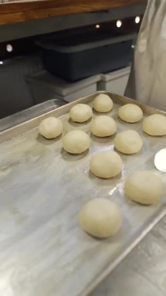 Baker Molding Dough Burgers Wooden Table High Quality Fullhd Footage — Stock Video