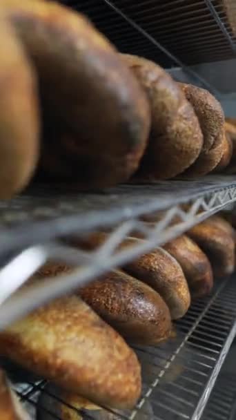 Yakın Zamanda Fırında Pişirilen Ekmek Fırın Raflarında Sergileniyor Yüksek Kaliteli — Stok video