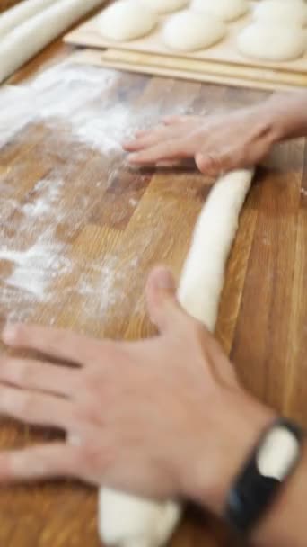 Baker Flattening Dough Making Rolls Bread High Quality Fullhd Footage — Stock Video