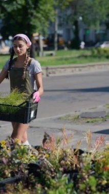 Çiftçi pazarındaki genç kadın çiftçi ürünü satmaya hazırlanıyor. Yüksek kalite 4k görüntü