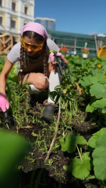 Gros Plan Une Jeune Agricultrice Portant Des Gants Caoutchouc Assise — Video