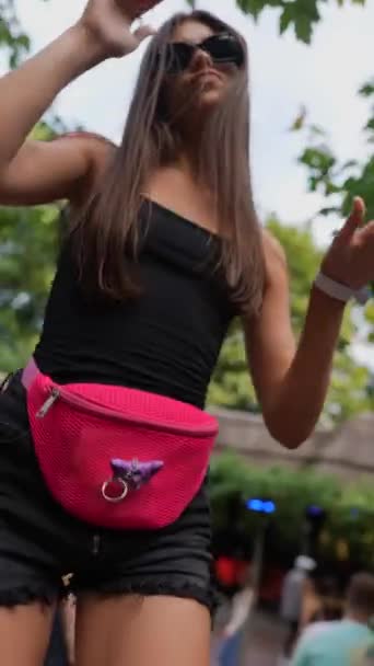 Young Beautiful Girl Long Hair Dances Rhythmically Park Fair Summer — Stock Video