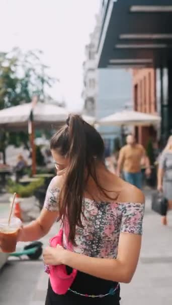 Bright Young Girl Hurry Bustling Street Rush Hour Talking Her — Stock Video