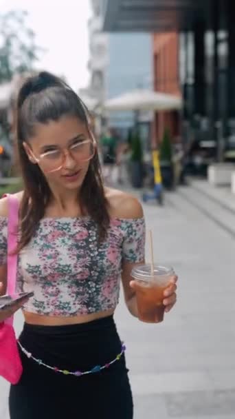 Attractive Young Woman Cold Drink Smartphone Her Hands Hurrying City — Stock Video