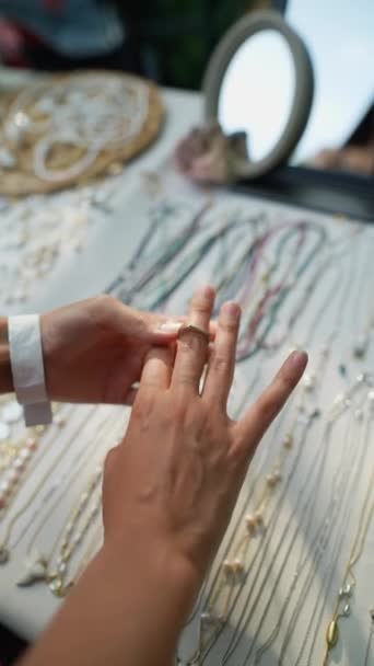 Girl Tries Handmade Ring Craft Fair High Quality Fullhd Footage — Stock Video