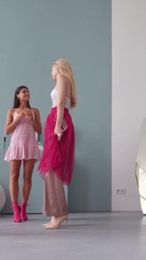 Bebek estetiği gibi giyinmiş pembe elbiseli kızlar kendi aralarında sohbet ediyorlar. Yüksek kalite 4k görüntü